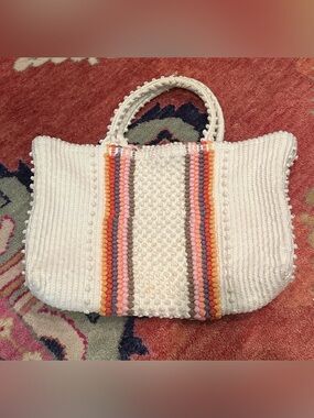 Woven White Tote Bag with Multicolor Stripe Accents